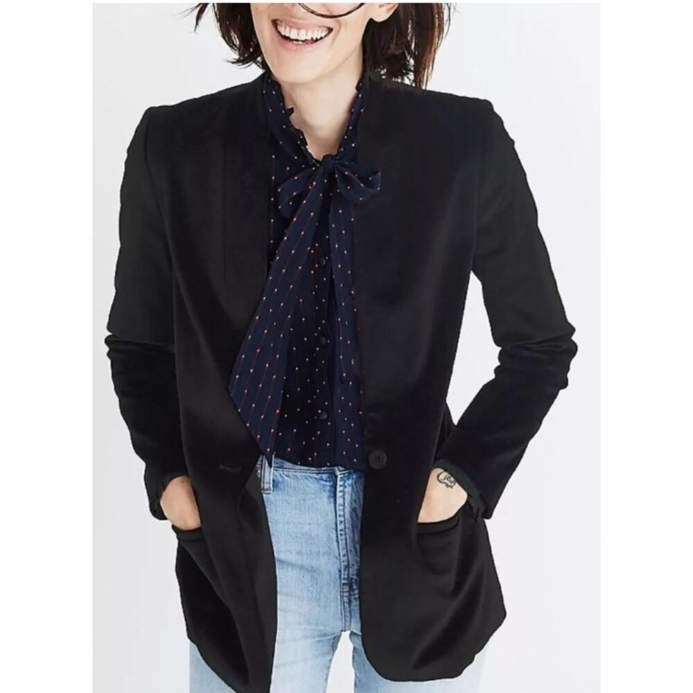 Madewell Women's 4 Black Velvet Tuxedo Blazer Stretchy Holiday Part Pockets